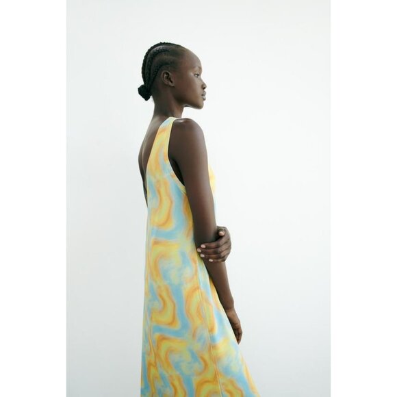 NWT Womens Size Large ZARA Multicolor V-Back Watercolor Print Midi Dress NEW - Picture 8 of 9